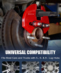 Beefy Wheel Bearing Removal Tool And Hub Puller with red coating on a car wheel, compatible with 5, 6, 8 lug hubs.
