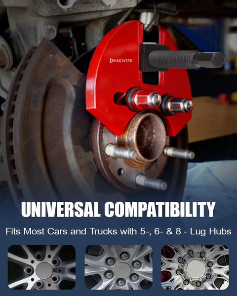 Beefy Wheel Bearing Removal Tool And Hub Puller with red coating on a car wheel, compatible with 5, 6, 8 lug hubs.