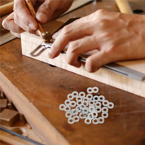 Craftsman using Top Notch Figure Eight Tabletop Connectors 180 Pack Stainless Steel for furniture assembly on wood.