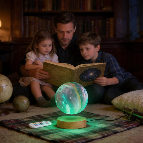 Levitating Moon Lamp 5.9 Inch Magnetic Floating Moon Light With Remote 3D Galaxy Moon Lamp 16 Color Modes on plaid surface