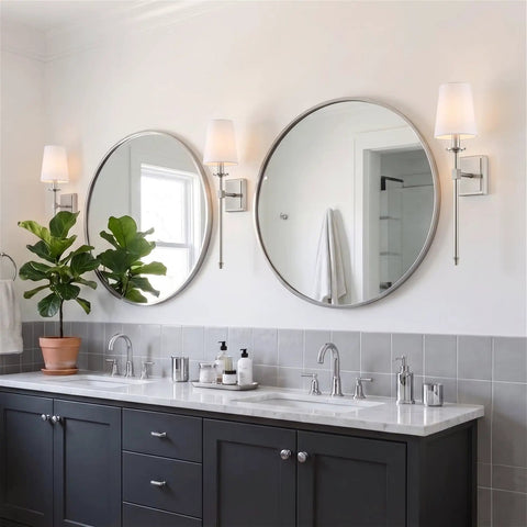 Kira Home Torche 20" Mid Century Modern Wall Sconce for Bathroom Vanity, Pack of 2 beside mirrors in elegant bathroom setting.