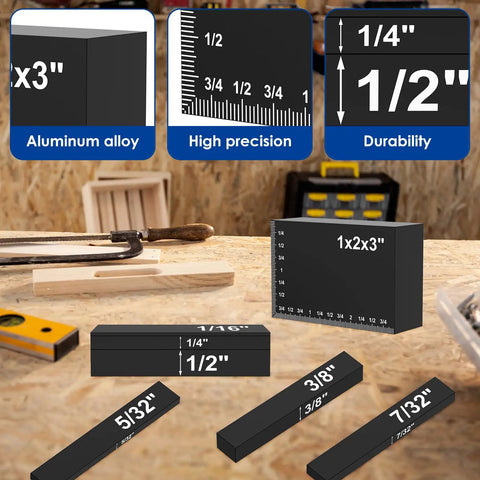 15 Piece Woodworking Setup Blocks Set With 4 Inch Aluminum Height Gauge For Routers And Table Saws, black aluminum blocks.