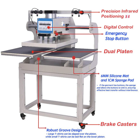 16x24 Inch Dual Station Pneumatic Heat Press With Up Sliding Platen and Infrared Laser Positioning detailed view.