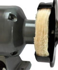 Grind Ready Buffing Wheels For Bench Grinders Set Of Two Six Inch Pads Half Inch Center Hole on grinder shaft with soft white pad.