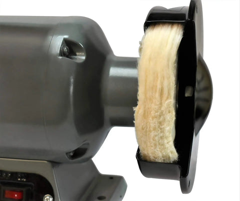 Grind Ready Buffing Wheels For Bench Grinders Set Of Two Six Inch Pads Half Inch Center Hole on grinder shaft with soft white pad.