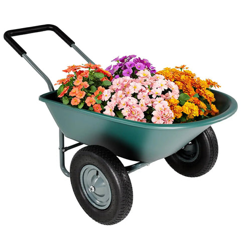 Two Wheel Wheelbarrow Yard Cart With Padded Handlebar And 14 Inch Pneumatic Tires loaded with colorful flowers