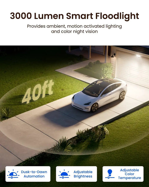 TrackFlex 4K Dual Lens Floodlight Camera illuminating a white car on driveway with 40ft motion detection, showcasing night vision.