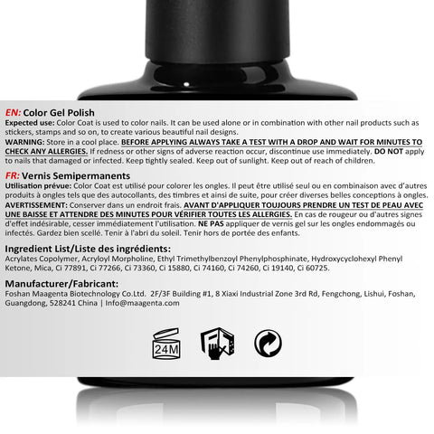 Product label for Vegan Cruelty Free Soak Off Gel Nail Polish For UV LED Nail Art 8ml Color 1003 Non Toxic HEMA Free TPO Free
