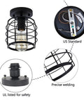 Industrial Vintage Flush Mount Ceiling Light With Metal Cage Pendant, Black Finish, showing components and UL certification details