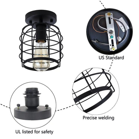 Industrial Vintage Flush Mount Ceiling Light With Metal Cage Pendant, Black Finish, showing components and UL certification details