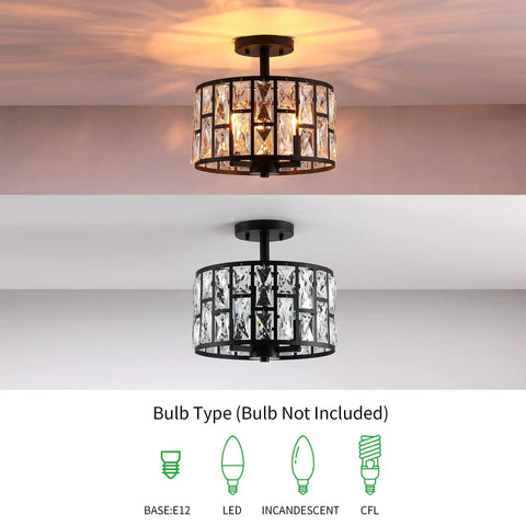 Farmhouse Crystal Round Semi Flush Mount Light With Drum Shade Black Finish 3 Light Ceiling Lamp For Kitchen Island Dining Room Bedroom And Hallway Close To Ceiling Fixture Dimmable With Compatible Bulbs ETL Certified two lighting effects