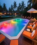 Color Changing LED Pool Light Bulb For Inground Pools 120V 40W Waterproof in vibrant colors illuminating pool at night.