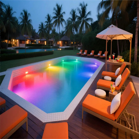 Color Changing LED Pool Light Bulb For Inground Pools 120V 40W Waterproof in vibrant colors illuminating pool at night.
