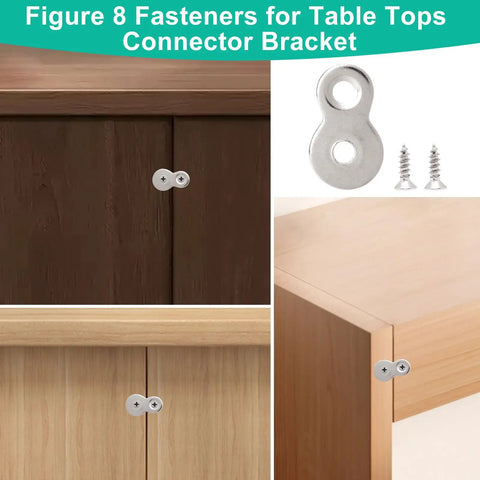 Thirty Pieces Figure Eight Furniture Connectors With Pre Loaded Screws Heavy Duty Iron Hardware For Wood Cabinet And Desk Build Rock Solid Hold No Sweat Easy Peasy Setup Smooth Operator DIY Fix Silver Color on dark and light wood cabinets.
