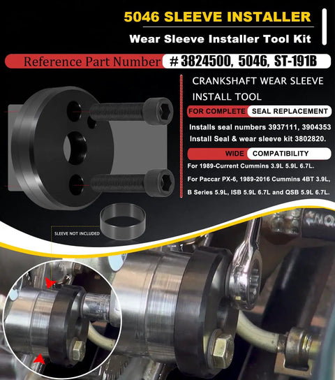 All-In-One Front Cover Crankshaft Seal Installer Kit With 5046 Wear Sleeve Installer And 3802820 Oil Seal Kit Plus Killer Dowel Pin KDP Repair Kit For Cummins 3.9L 5.9L 6.7L Diesel Engines shown with installation details and part specifications.