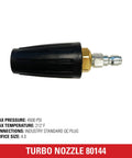 Turbo pressure washer nozzle 80144 with black plastic grip and brass 1/4-inch quick-connect