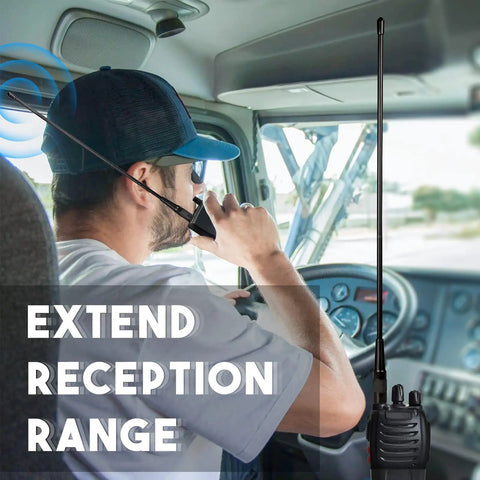Man using Dual Band VHF UHF Ham Radio Antenna in truck, showing extend reception range feature