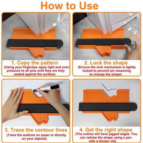 10 Inch Contour Gauge Duplicator with Lock in use for copying and locking shapes for carpets, tiles, woodworking and pipes.