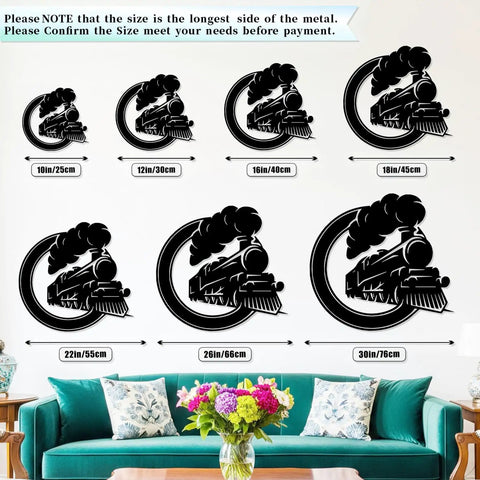 Six sizes of Steam Locomotive Metal Sign Wall Art Solid Iron Silhouette Badass Industrial Railroad Themed Decor displayed.