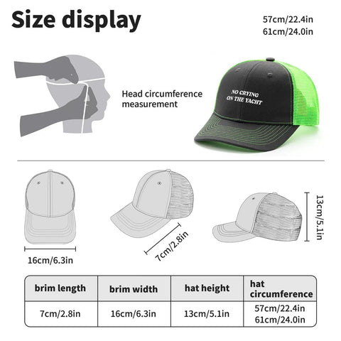 Unisex Fluorescent Green Trucker Hat With Anti Sweat Band No Crying On The Yacht Style Golf Cap size display chart