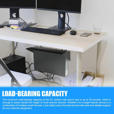 Straight Up Heavy Duty 2U Hinged Wall Mount Patch Panel Bracket Vertical Rack For 19 Inch Server Racks And Network Switches under desk load-bearing view.