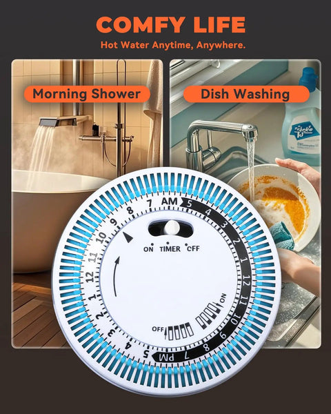Hot Water On Tap Recirculation System For Tank Heaters With Adjustable 68 To 118 Degree Bypass Valve shown in kitchen and bathroom settings.