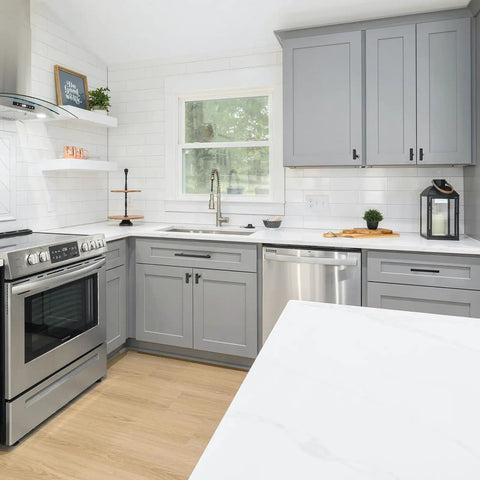 Modern kitchen with gray cabinets featuring Knockout Matte Black Square Cabinet Pulls Single Hole Kitchen Drawer And Door Hardware 30 Pack.