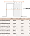 Chart and diagram showing White Double Barn Door Set 36 By 84 Inches, 5-Panel MDF Sliding Doors With 6 Foot Bypass Hardware Kit sizes.