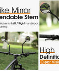 Rear View Bike Mirror Mount With Adjustable Rotatable Head on handlebars, showing bendable stem and reflective surface.