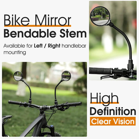 Rear View Bike Mirror Mount With Adjustable Rotatable Head on handlebars, showing bendable stem and reflective surface.