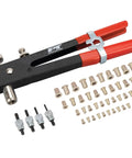 Beefy Rivet Nut Kit For Auto And DIY Projects, Heavy Duty Rivet Gun with 45-piece set of imperial and metric nuts.
