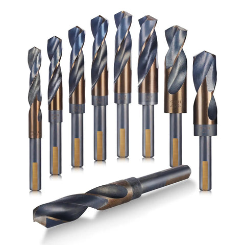 Reduced Shank Drill Bits Set, 8 Pc Deming Large HSS Cobalt M2 Bits in Aluminum Index Case, 135-Degree Split Point displayed