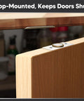 4 Pack Strong Magnetic Door Catch Set for Closet and French Doors, top-mounted, shown on wooden door opening.
