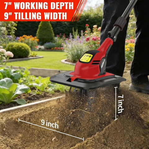 Cordless Tiller Cultivator For Easy Yard Work, M18 Battery Compatible, 9 Inch Tilling Width And 7 Inch Depth shown in garden use