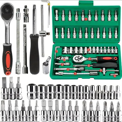 46-Piece 1/4 Inch Go-To Mechanic Tool Set for Auto Repair and Home DIY Projects with hex bit sockets and ratchet wrench