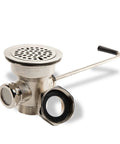 3 Inch Sink Drain Valve With Twist Handle Keeps Commercial Sinks From Overflowing Fits Three Compartment Sink Style Drains Controls Drain Stopper With Brass Reducer Included Built Tough Easy to Install Kitchen Accessory with visible handle and brass reducer, stainless steel finish, isolated on white background.