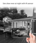 Night view captured by 5G WiFi 5MP Video Doorbell Cam With 176 Degree Ultra Wide Field Of View, showing smartphone screen display.