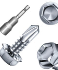Heavy Duty Zinc Plated Sheet Metal Screws 25 Piece Set One Four By Three Quarter Inch Serrated Flange Hex Washer Head Tek Screws For Steel Iron Aluminum showing screw and bit.