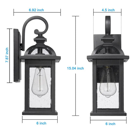 Outdoor Wall Light Sconce With Seeded Glass Weatherproof Aluminum Exterior Fixture For House Front Porch And Patio Tough Durable Waterproof No Fuss Install, front and side view with dimensions