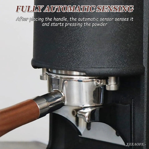 Close-up of Straight Up Automatic Espresso Tamper 58mm Coffee Press with sensor and portafilter in use.