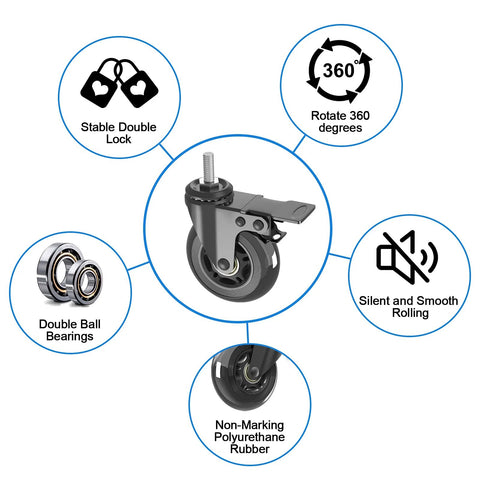 Three Inch Swivel Stem Caster Wheels Set Of Four With Two Brakes And Two Without Brakes Heavy Duty Threaded Stem Five Sixteenth Inch Eighteen TPI