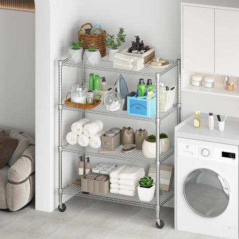 Heavy Duty 4 Tier Steel Wire Storage Rack On Wheels, Adjustable Metal Shelves, 1600 Lb Total Capacity, 72 Inch Tall Garage Kitchen Pantry Organizer, 18 Inch Deep By 36 Inch Wide, Silver in laundry room