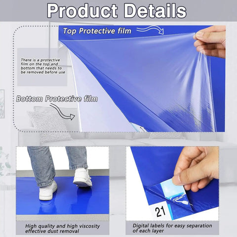 Pro Heavy Duty Sticky Rubber Tacky Mats 24 By 36 Inches Blue Floor Mats For Workshops And Garages Snag Dust And Grime Like A Champ 300 Sheets Industrial Bulk Deal showing protective film removal.