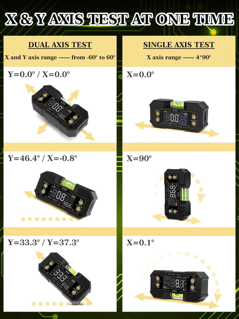 No Fuss Wireless Digital Angle Finder Tool With Dual Axis Alignment showing dual and single axis test measurements.