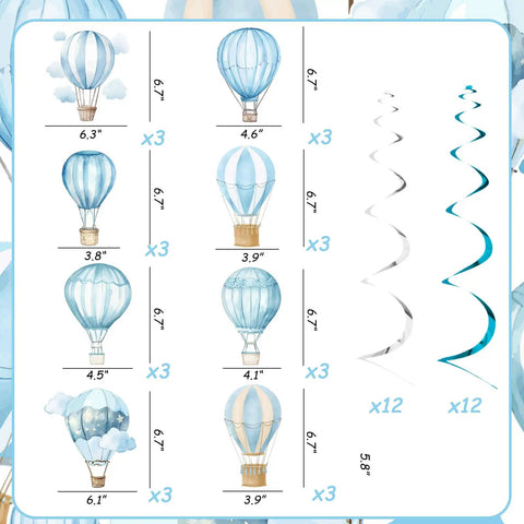 Blue Hot Air Balloon Baby Shower Decorations Kit Featuring 24 Hanging Swirls And Streamers With Cloud And Plane Travel World Theme