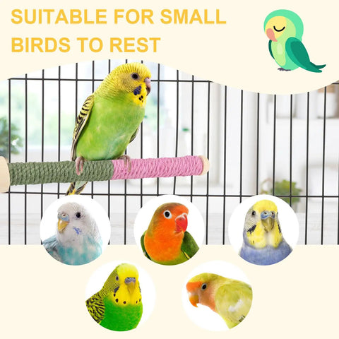 Top Shelf 3 Piece Natural Wood Bird Perch And Chew Toy Set For Cockatiels Budgies Parakeets shown with small birds resting.