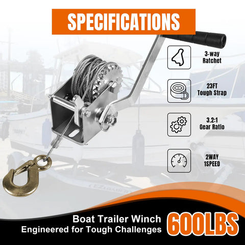 600 Lb Hand Winch For Trailers And Boats, Beefy Heavy Duty Manual Crank Winch With 23 Ft Steel Cable, Boat Trailer Towing And ATV Hauling, Durable Rope Gear For Easy Load And Unload. 600 lb boat trailer winch with steel cable, hook, and 3-way ratchet