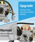Close-up comparison of upgraded and normal oil drain tube connections for a GY6 50cc Carburetor Kit PD18J Fits 139QMB 4 Stroke Engines.