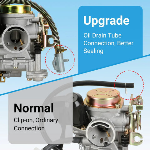 Close-up comparison of upgraded and normal oil drain tube connections for a GY6 50cc Carburetor Kit PD18J Fits 139QMB 4 Stroke Engines.