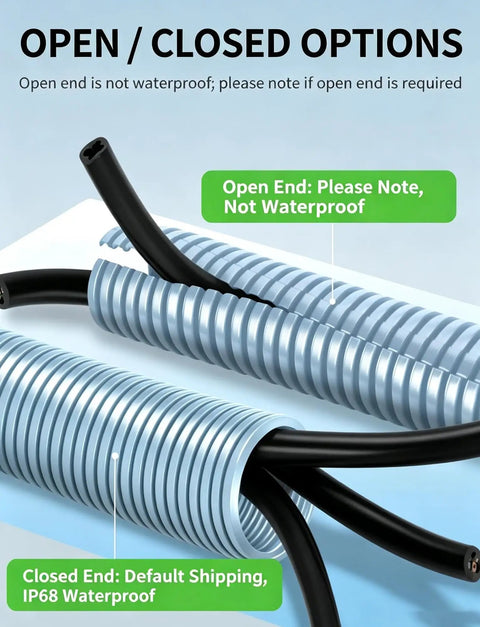 Grey Flame Retardant Corrugated Cable Safety Conduit showing open and closed end options for flexible wire sleeve applications.